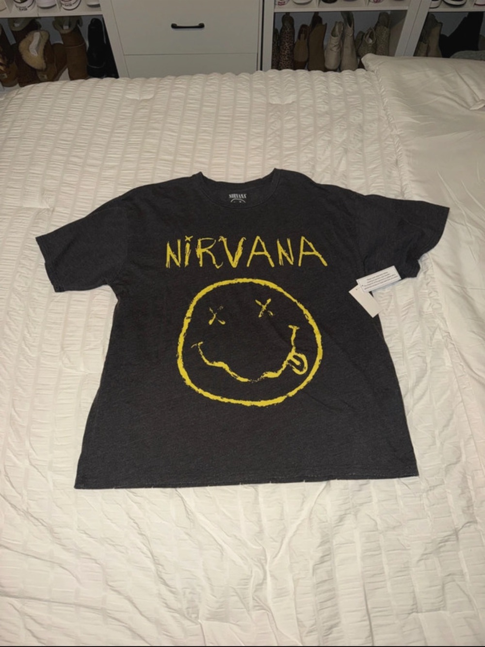 NIRVANA gray Short Sleeve Tee with Yellow Smiley Logo - Picture 4 of 6